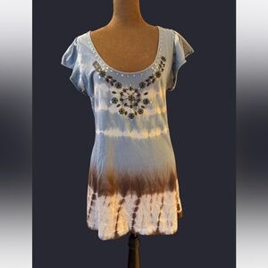 Embellished Blue and Brown Tie-Dye Women's Top